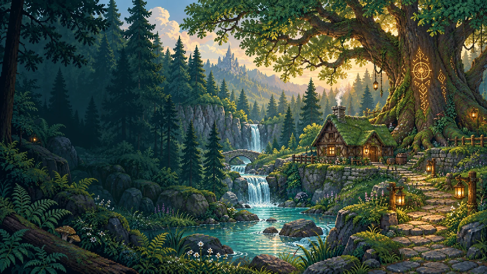 Illustration of the Grassland Forest world: waterfalls, a cottage and an illuminated tree.