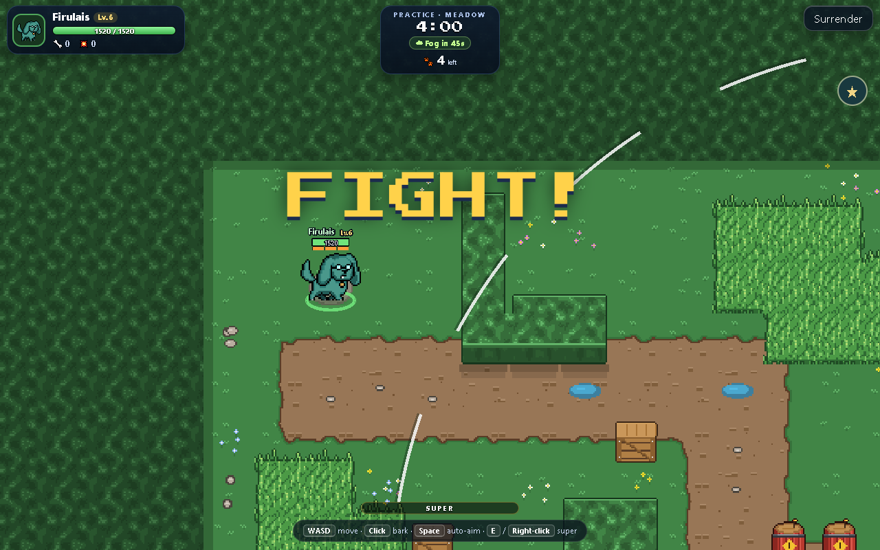 The real arena: health and upgrades at the top left, time and remaining fighters above, and super charge below.