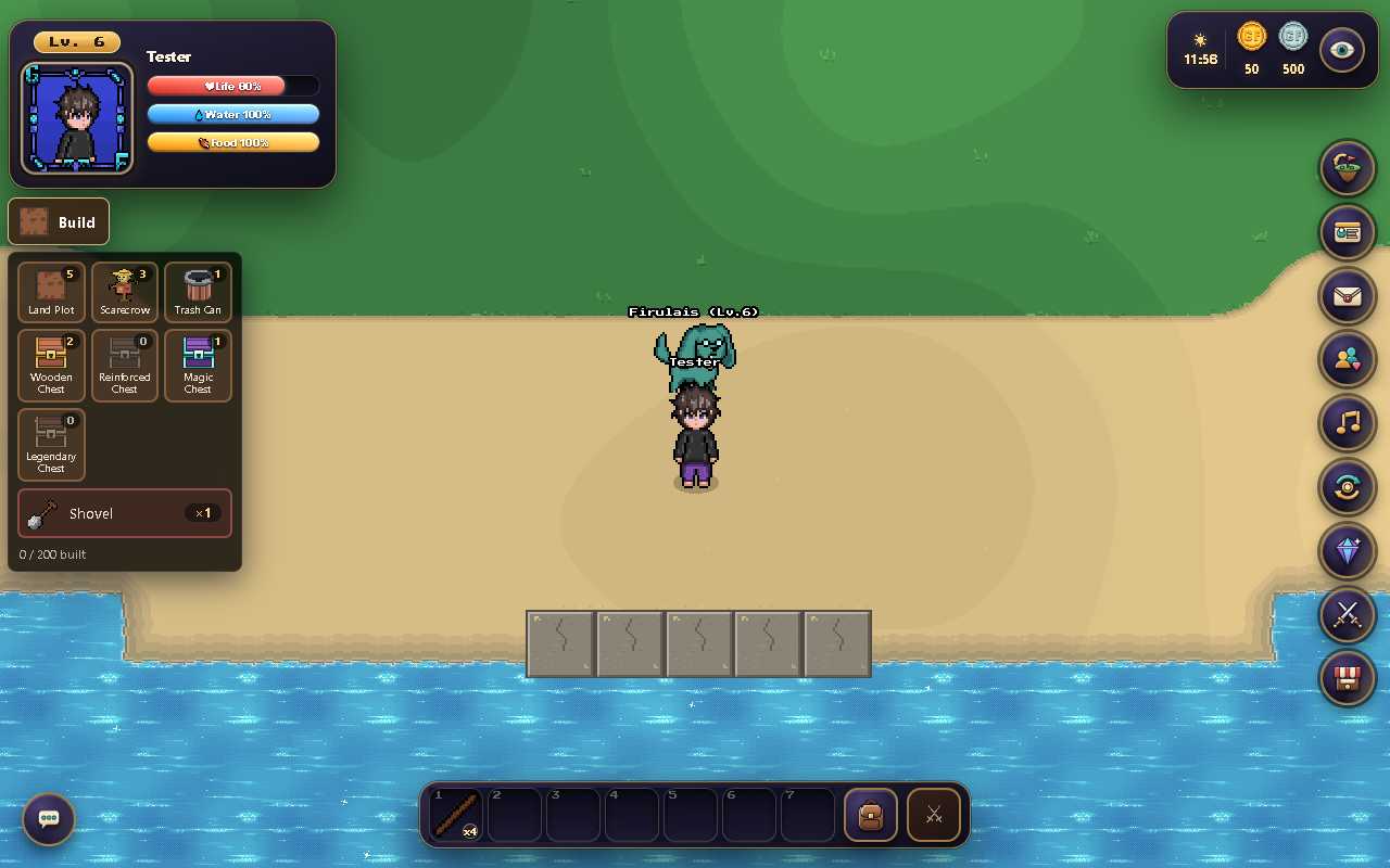 Construction menu: select plots, scarecrows, chests or other supported objects, or switch to shovel mode.