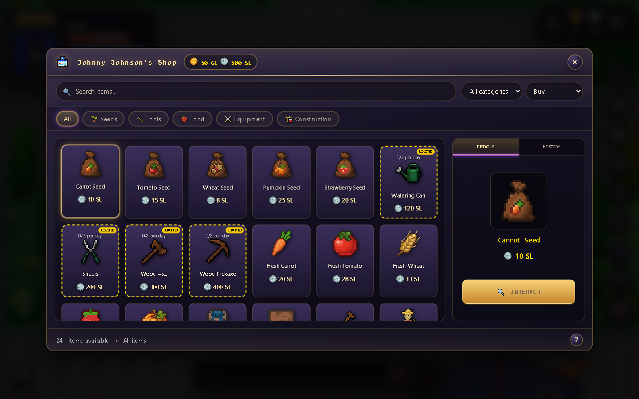 Selecting a seed: the panel shows item details before the purchase is confirmed.