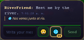 ES mode: “Meet me by the river.” appears as “Nos vemos junto al río.” beneath the original.