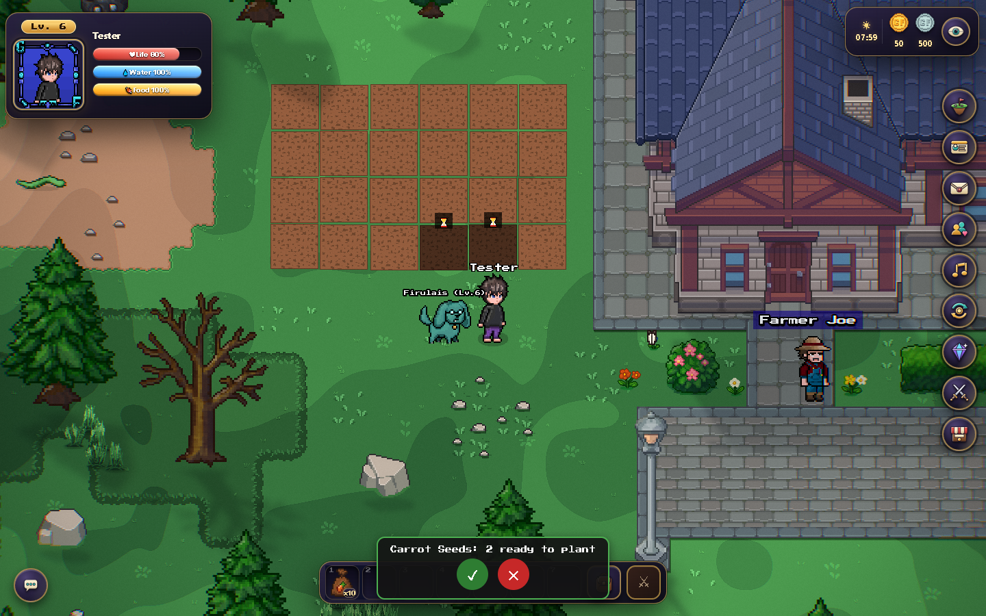 Planting in the current garden: the character stands beside the plots and selects seeds to grow.