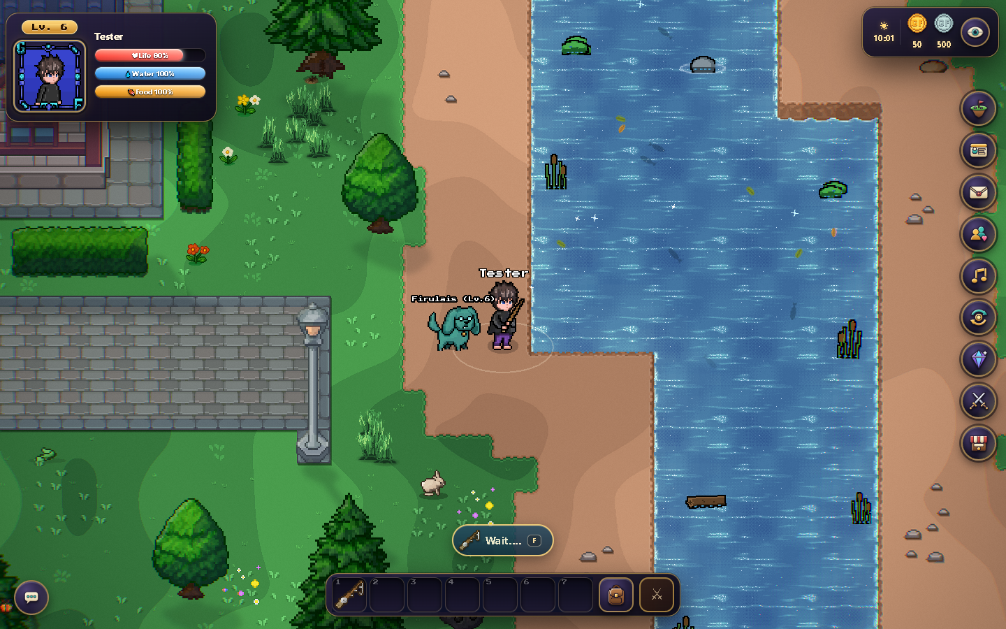 Casting from solid ground: the character faces the river and uses the rod; the pet stays beside them on the shore.