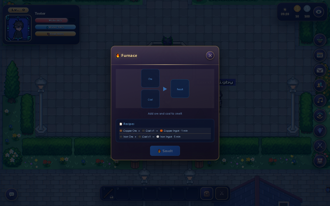 Furnace panel: check ingredients, fuel and process status before smelting or collecting.
