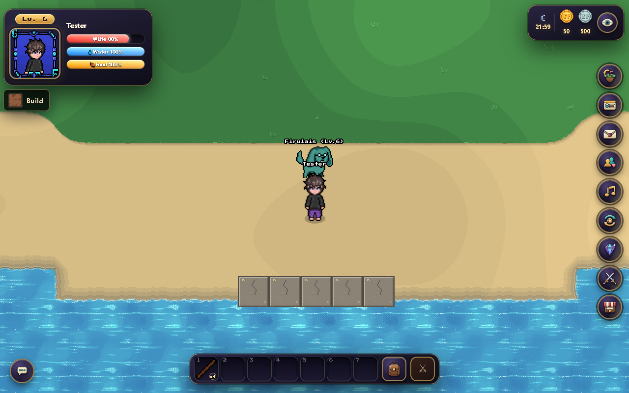 Arriving in Lands: shoreline, bridge, island space and the “Build” button on the left.