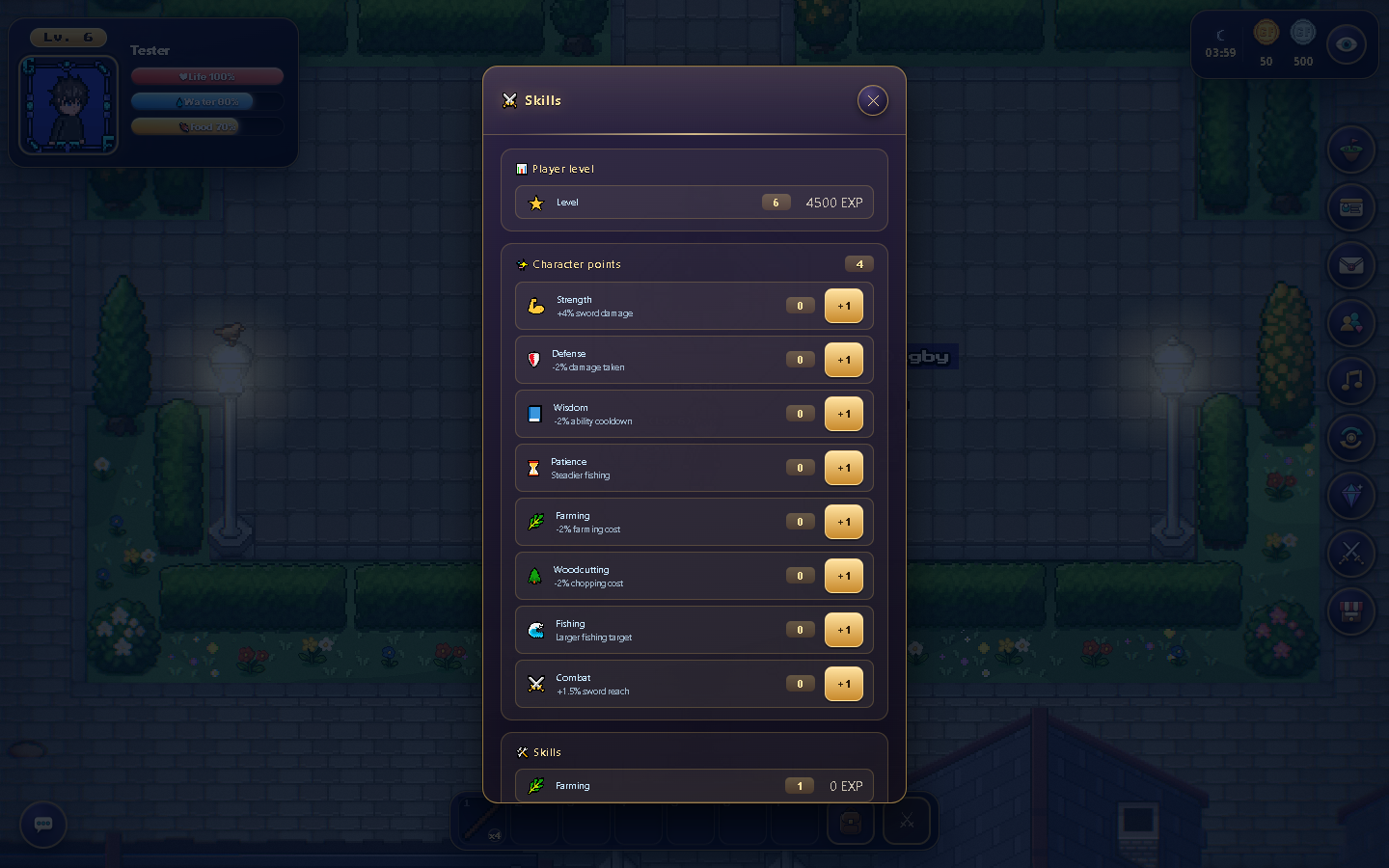 Skills combines activity progress with the character-points area. Scroll through the rows to see every attribute.