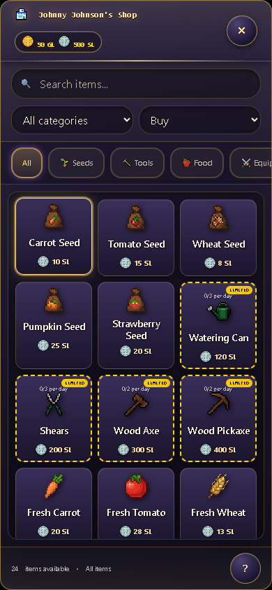 On a phone, the shop rearranges the catalog into touch-friendly cards. Search, filter by category and choose whether to buy or sell.