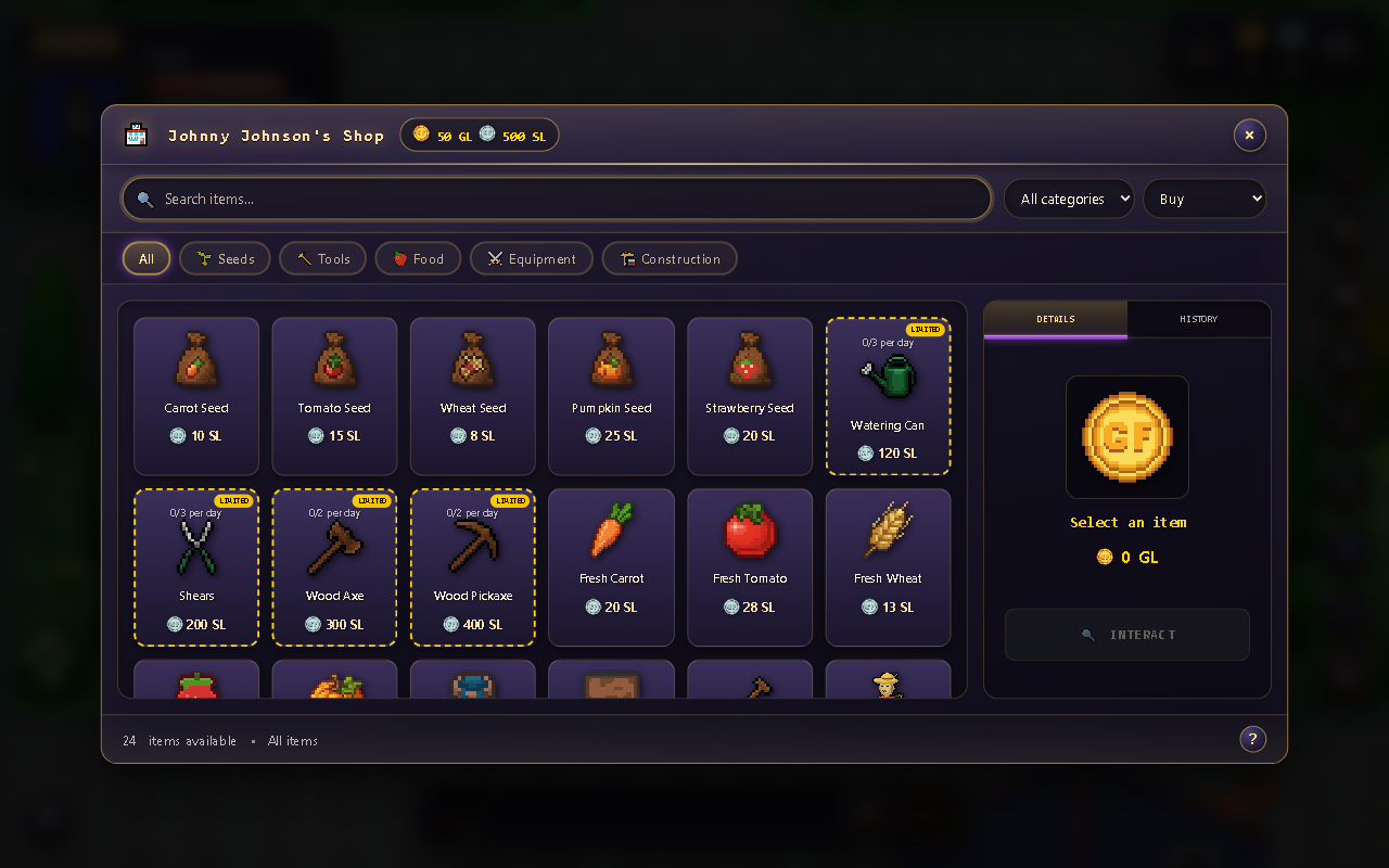 The real shop catalog: filters, search, SL prices, requirements and the details panel.