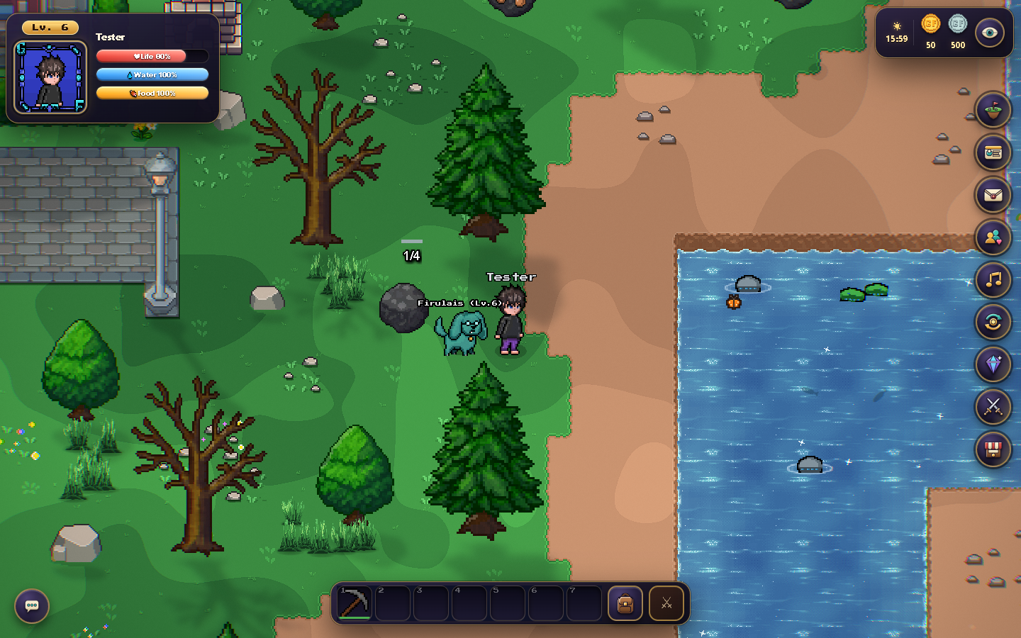Mining in the current build: the character uses a pickaxe beside a nearby vein.