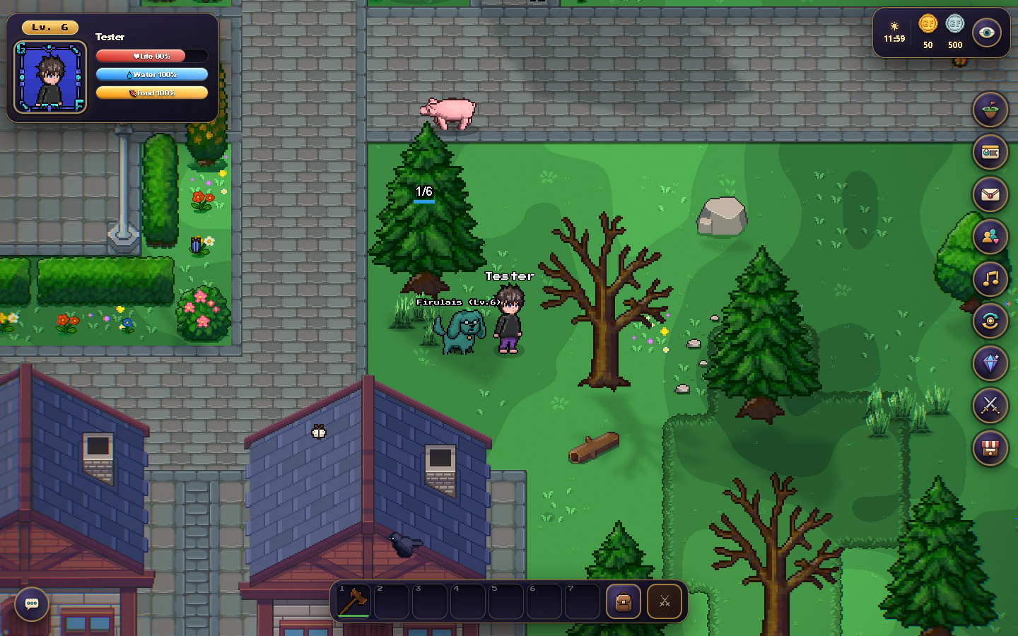 Chopping in the current build: the character uses an axe beside the selected tree.