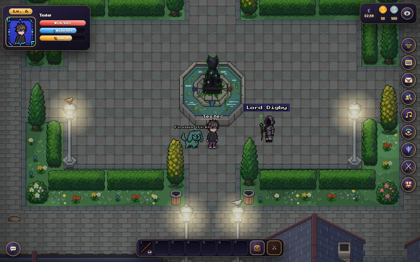 The town square: character, pet, vitals, currencies, chat and round shortcuts share the screen.